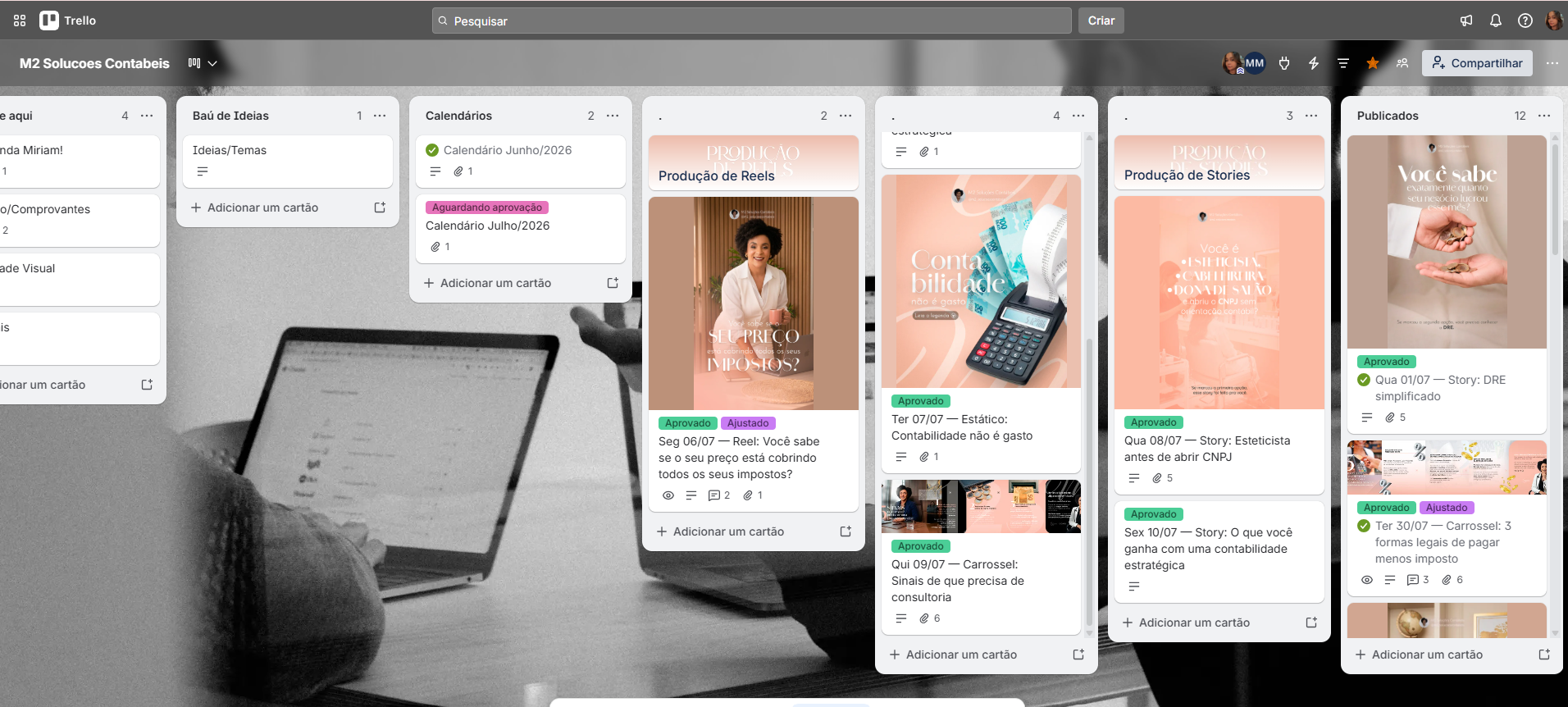 Gestão de conteúdo M2 Soluções Contábeis via Trello